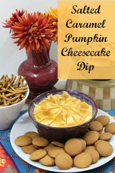 Our Salted Caramel Pumpkin Cheesecake DIp Recipe is so much more that your typical boring pumpkin dip. Topped with caramel swirls and pretzel salt, this pumpkin dip will be the star of any fall potluck. 