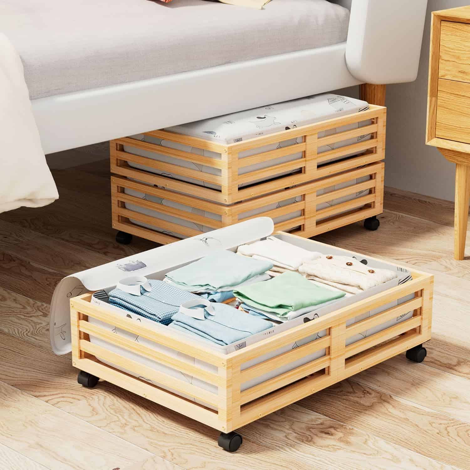 Back to College Dorm Room Packages 60 Bamboo Under Bed Storage with Wheels