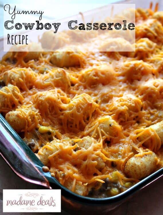Easy cowboy casserole recipe using tater tots, cheddar cheese, ground beef and mushroom soup. An easy dinner recipe the whole family will love.