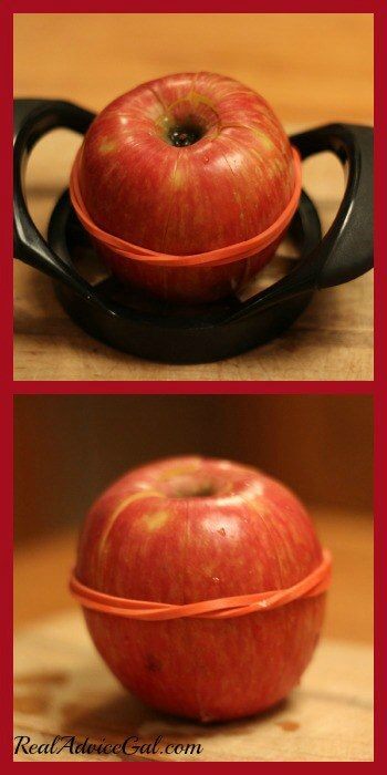 Life Hacks apple slicer and rubberband around apple to keep apple slices from getting brown
