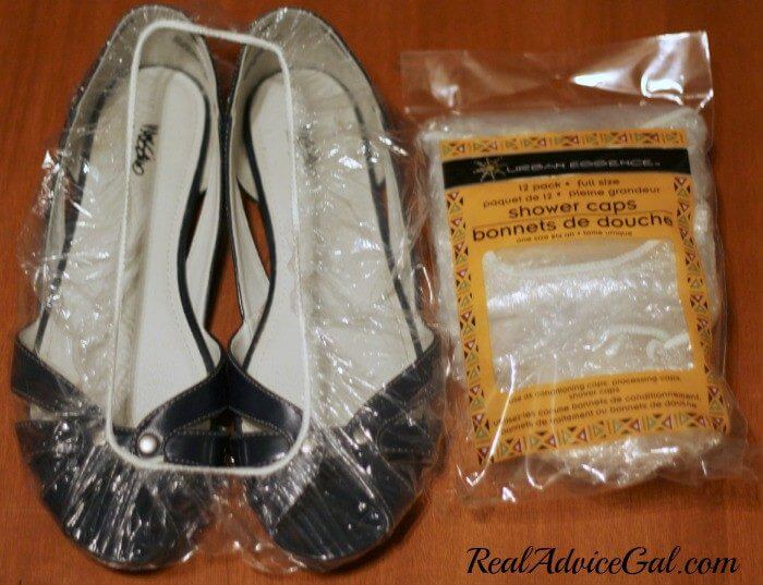 Life Hacks use shower caps to cover your shoes so you can pack them in your suitcase without soiling your clothes
