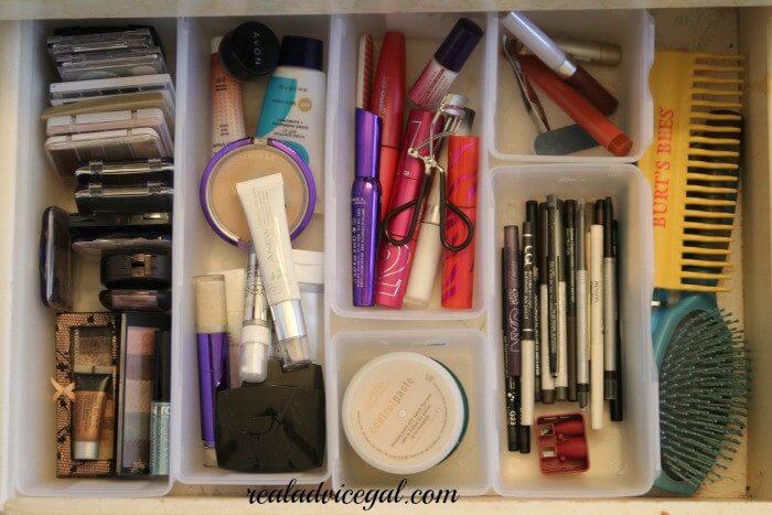 completely reorganized make up drawer with the perfect drawer organizers from Dollar Tree