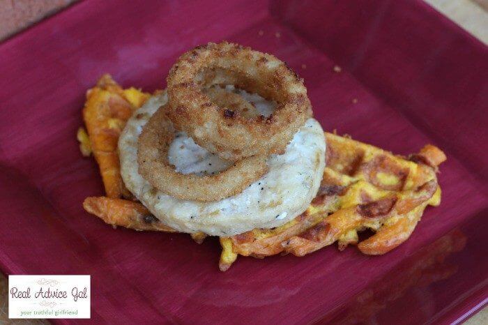 how to make sweet potato waffle fries finished waffle with mahi mahi and onion rings