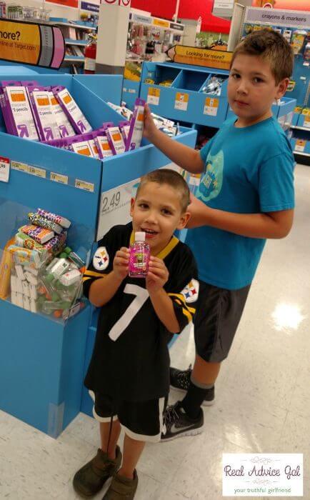 Giving Back Packs my children shopping for school suppplies