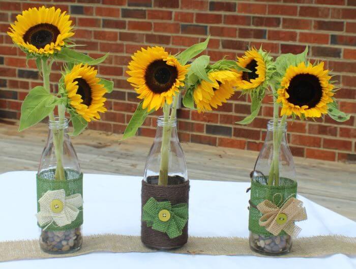 How to decorate vases with burlap and twine finished vases with sunflowers