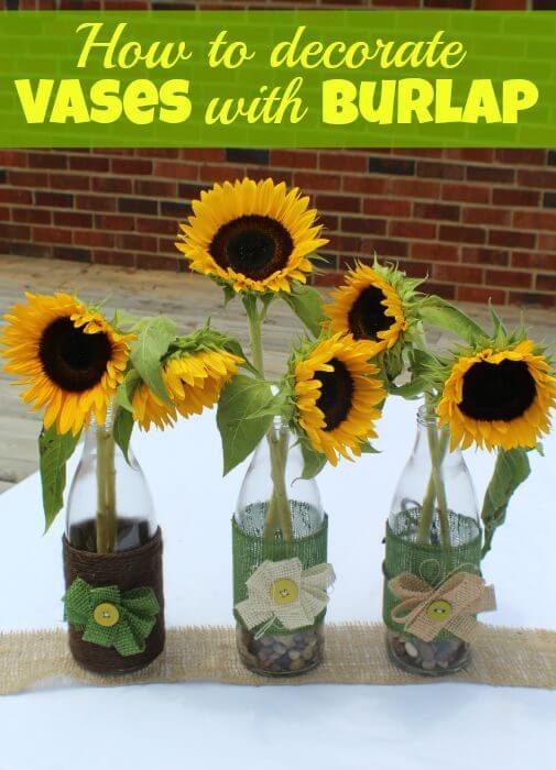 how to decorate vases with burlap and twine and sunflowers