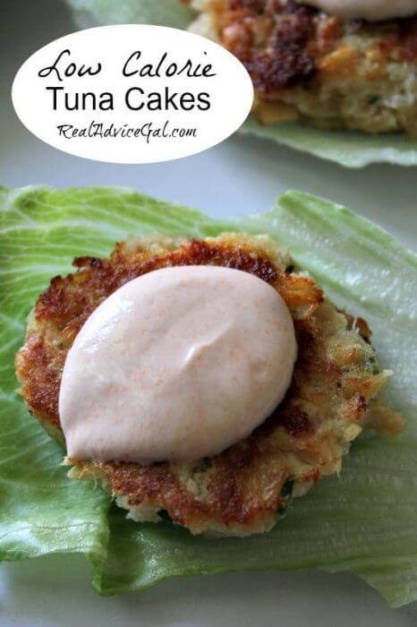 Tasty low calorie tuna cakes recipe with green onions, bread crumbs, old bay seasoning and egg whites.