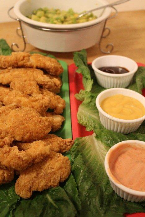 Tyson Chicken Strips and dips and cheesy broccoli