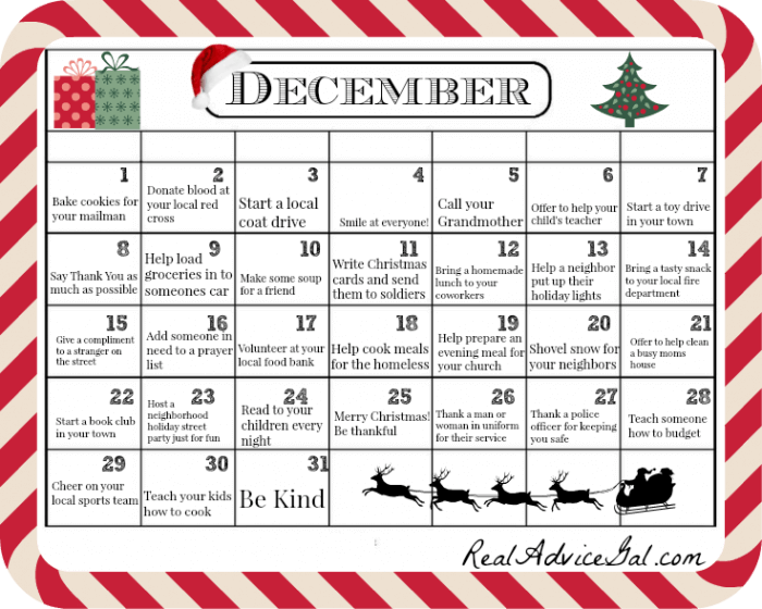 Free December Kindness Calendar Printable Real Advice Gal
