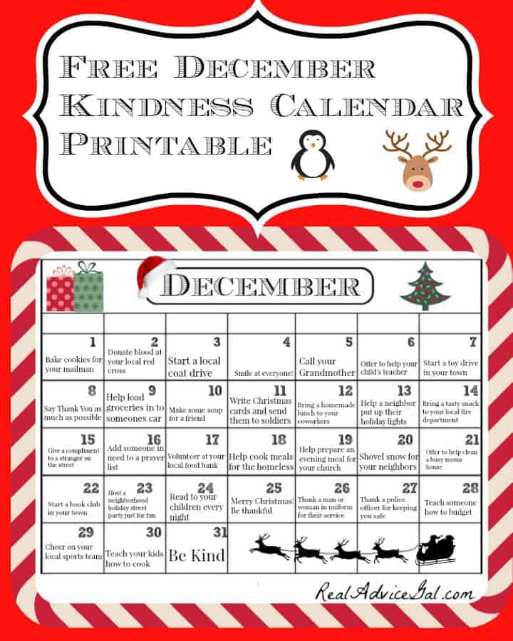 Free December Kindness Calendar Printable
