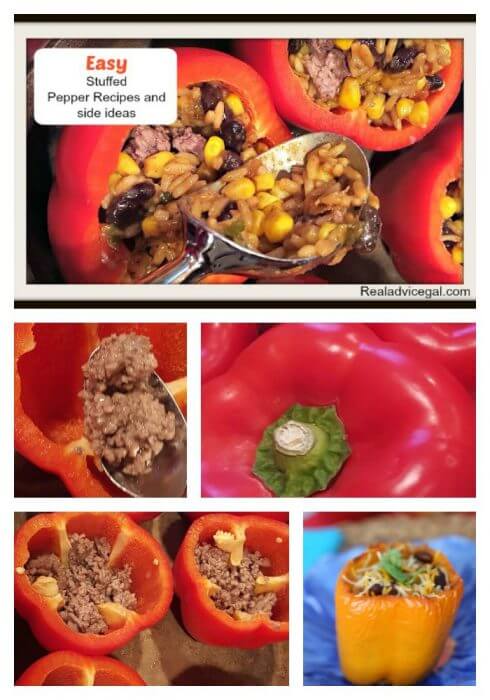 Easy stuffed peppers recipe with a list of great food to serve with it.