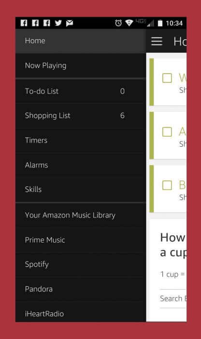 From the menu on the Amazon Alexa App you can access your music, lists, and skills.