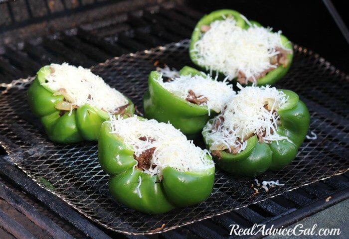Philly Cheesesteak stuffed peppers recipe ingredients, on the grill