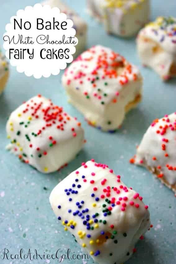 A no-bake white chocolate fairy cakes recipe that only takes few minutes to make using pound cake, white chocolate and sprinkles.