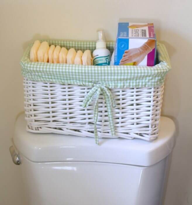 Get a care basket ready for the care provider with gloves, cleanser, and Depend Undegarments