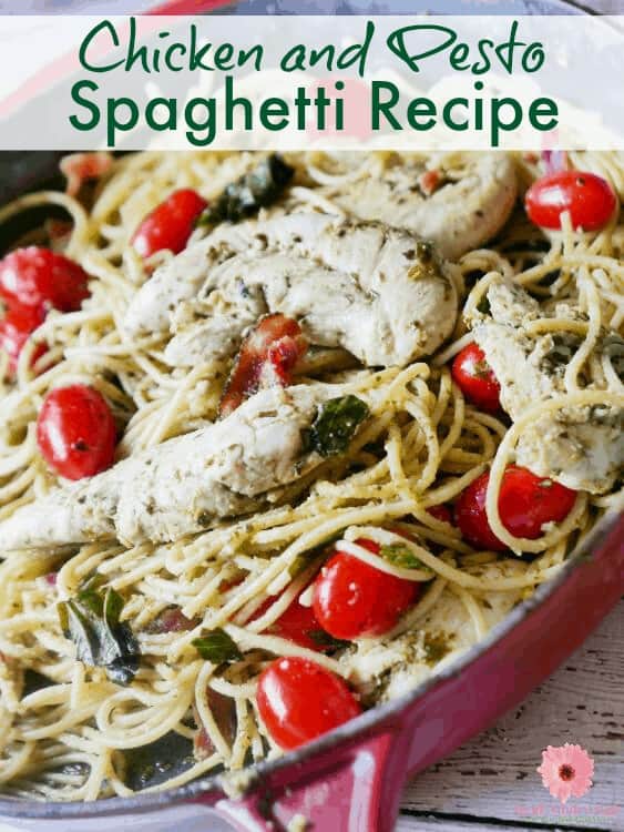 Easy peasy chicken and pesto spaghetti recipe. An easy dinner recipe for the family.