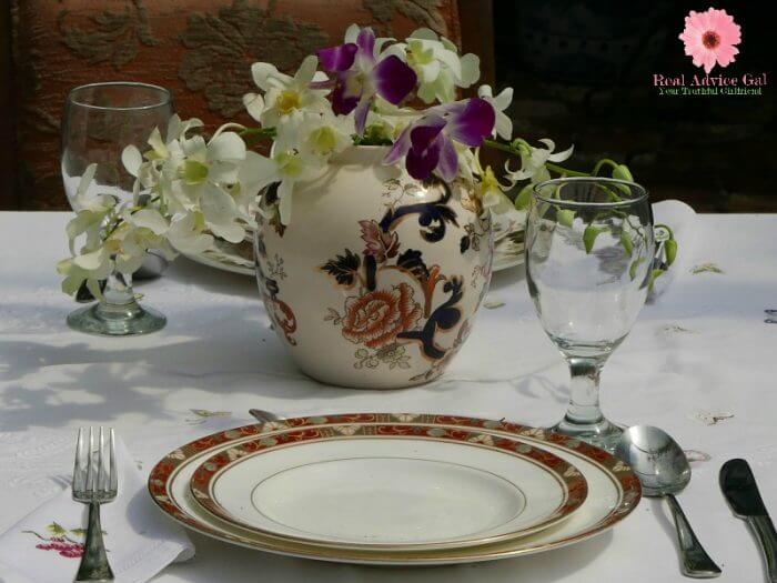 Table setting with flowers on a tea pot