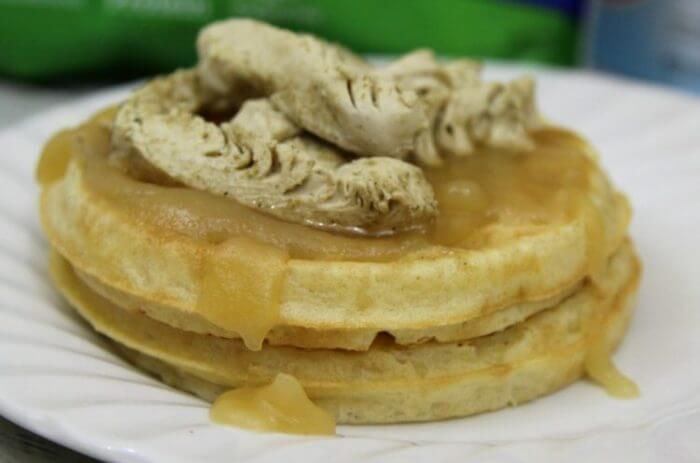 Homemade honey butter syrup is delicious on top of chicken and waffles