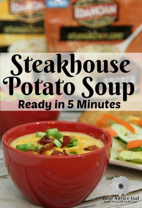 Idoahoan Steakhouse Potato Soup tastes like slow cooked and simmered soup but is ready in just five minutes