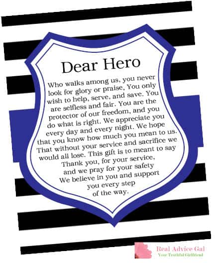 Dear Hero Printable for blessing bags for police officers.