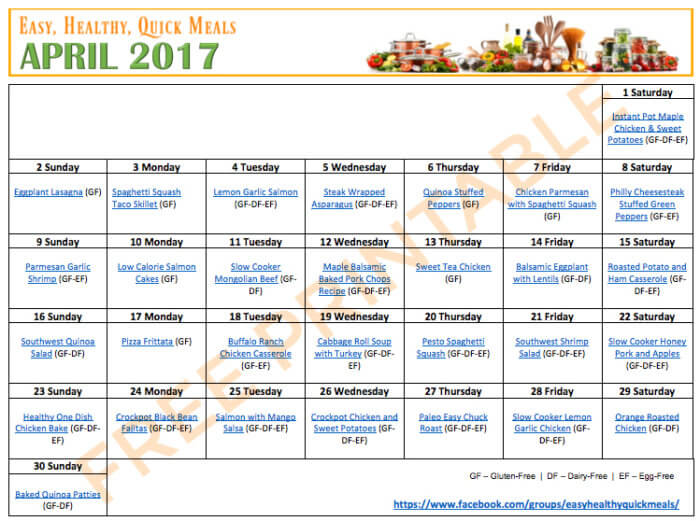 Easy and Healthy Meal Plans for Dinner April 2017