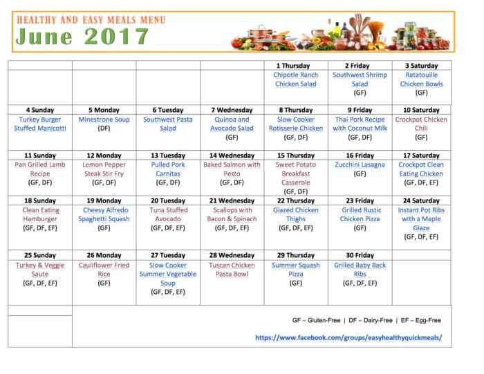 Easy Healthy Quick Meals Free Printable Calendar Menu