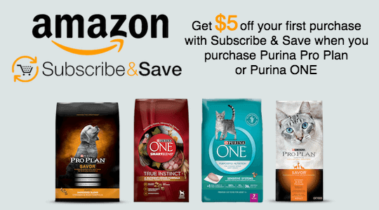 Save money on your Purina dog or cat food by subscribing to Amazon Subscribe & Save