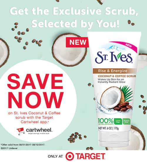 Save on the new St. Ives Rinse & Energize Coffee & Coconut Scrub that's available exclusively on Target. Get 5% Off with this limited time Cartwheel offer.