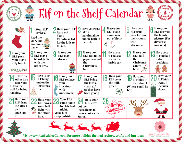 Get your Elf ready for Christmas. Have fun and plan your Elf's fun and mischievous pranks with this free printable elf on the shelf calendar of ideas.