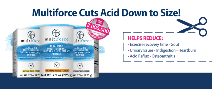 Cut down acid in your body with Multiforce multi-mineral powdered supplement. Get your FREE 14-day sample now!