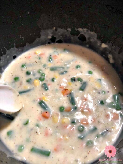 Easy filling for chicken pot pie that you can make in the pressure cooker.