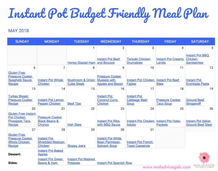 Instant Pot Budget Friendly May Meal Plan Calendar