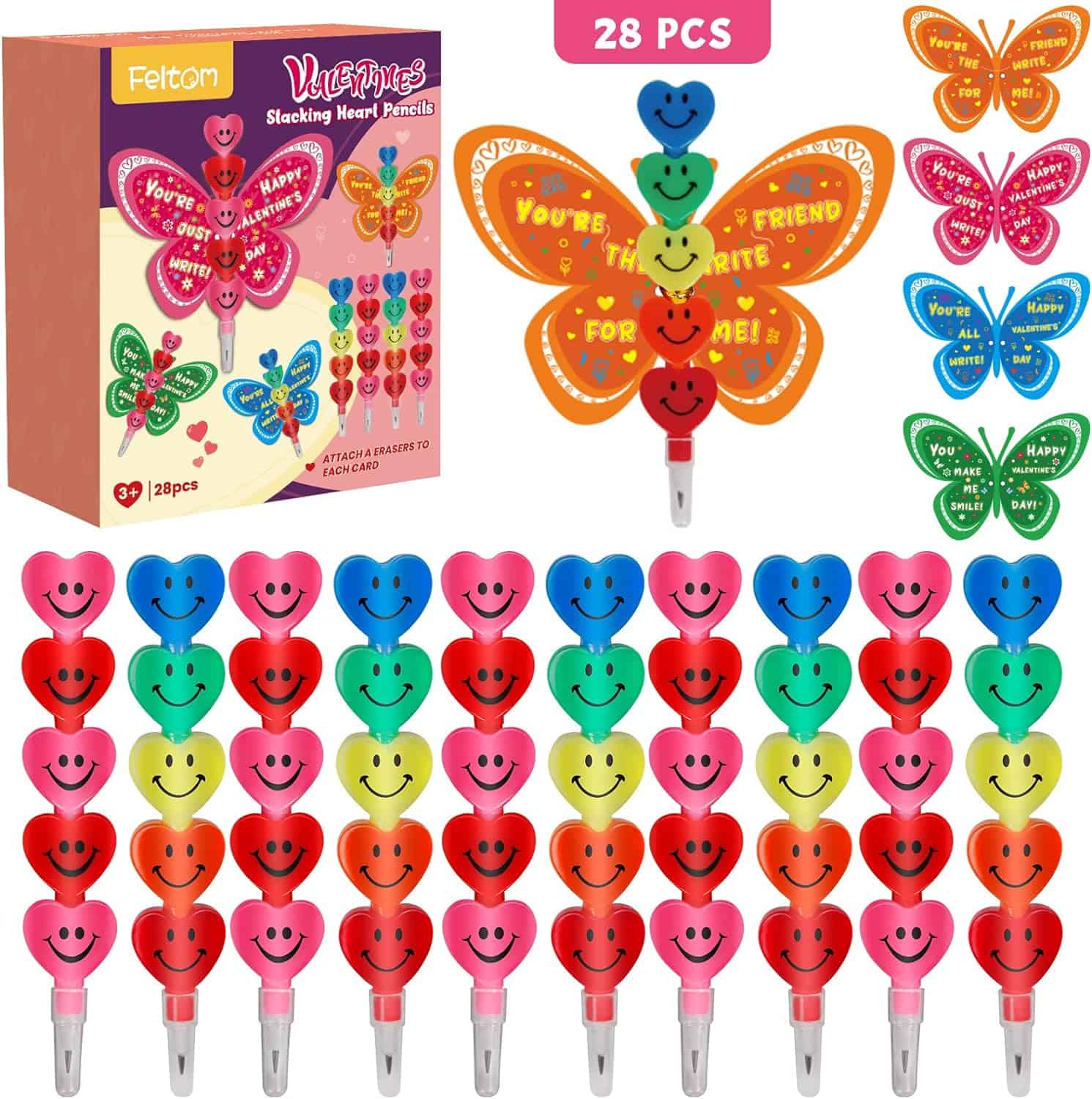 Valentines Day Gift Cards for Kids with Stacking Heart Pencils