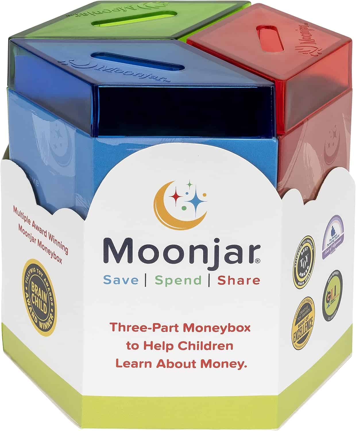 MoonJar Award Winning SAVE SPEND SHARE Educational Tin Toy Bank
