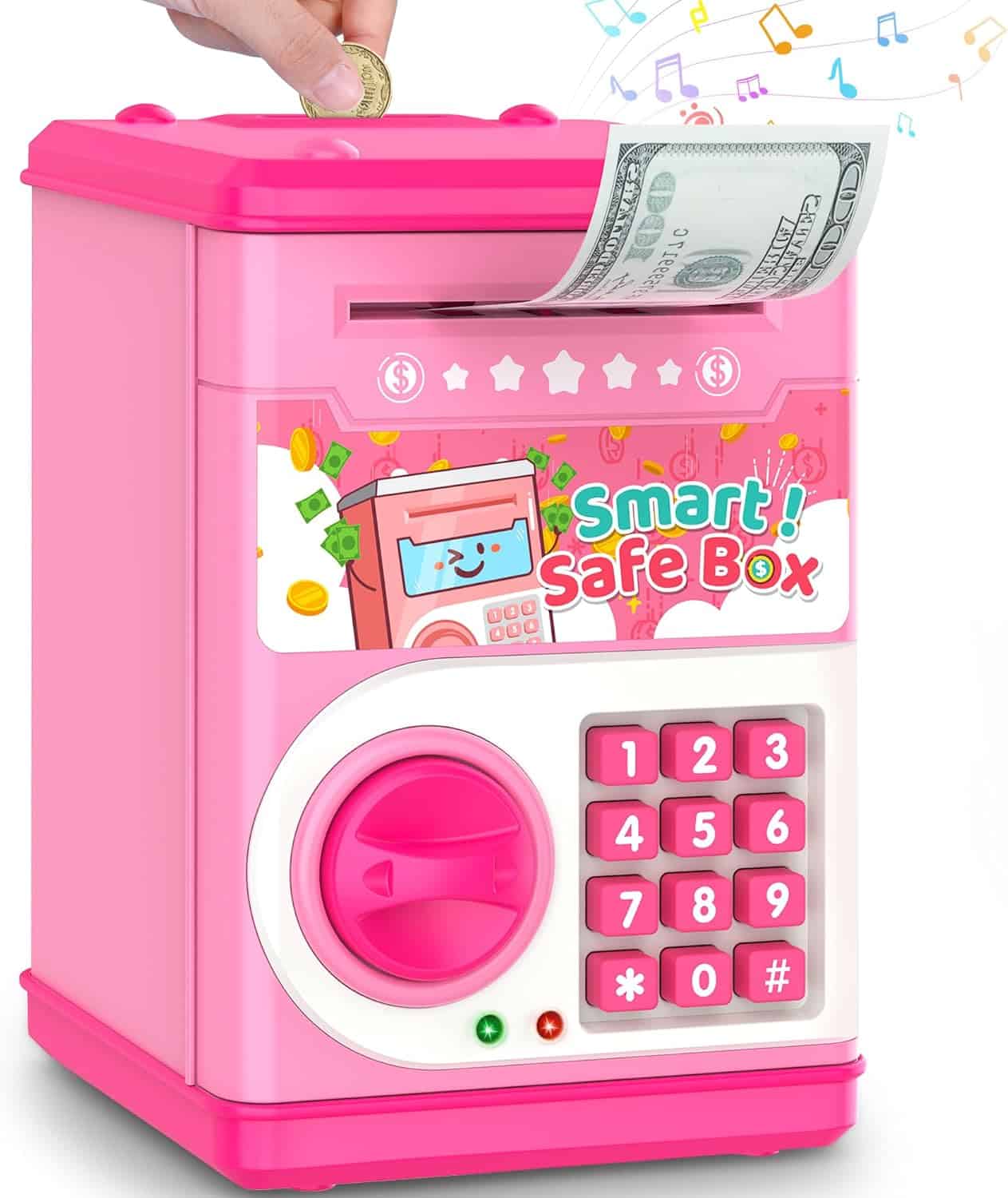 Pink Piggy Bank for Kids with Password Code Lock and Auto Grab Bill Slot